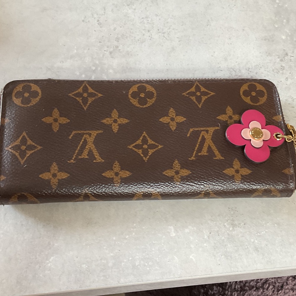 Louis Vuitton Brown Monogram Wallet with Pink Floral Charm